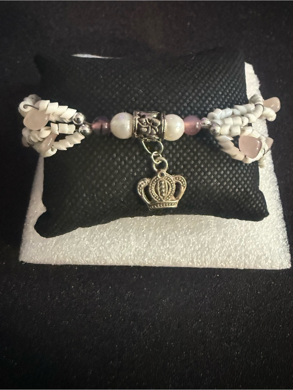 White and Pink Beaded Bracelet with Crown Charm